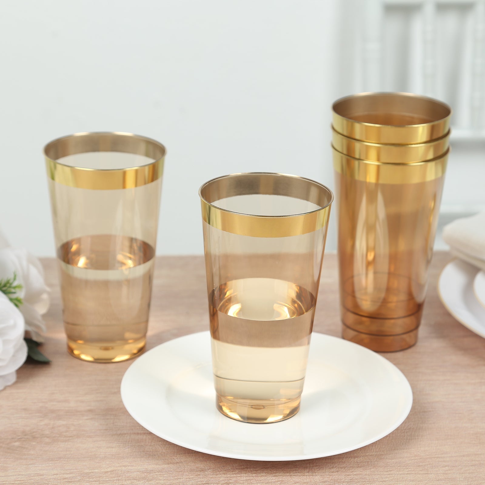 12-Pack Plastic Party Cups 17oz Amber Gold with Gold Rim - Disposable Drinking Tumblers 5.5"